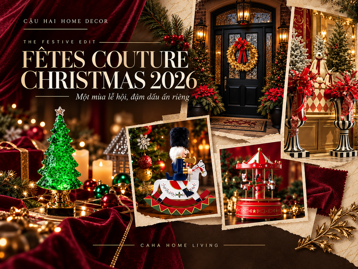Moodboard FÊTES COUTURE CHRISTMAS 2026 với cây thông emerald, wreath, chậu thông, Nutcracker và carousel