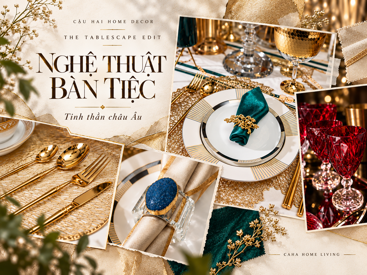 Moodboard bàn tiệc phong cách châu Âu với khăn emerald, dao nĩa ánh vàng và ly ruby