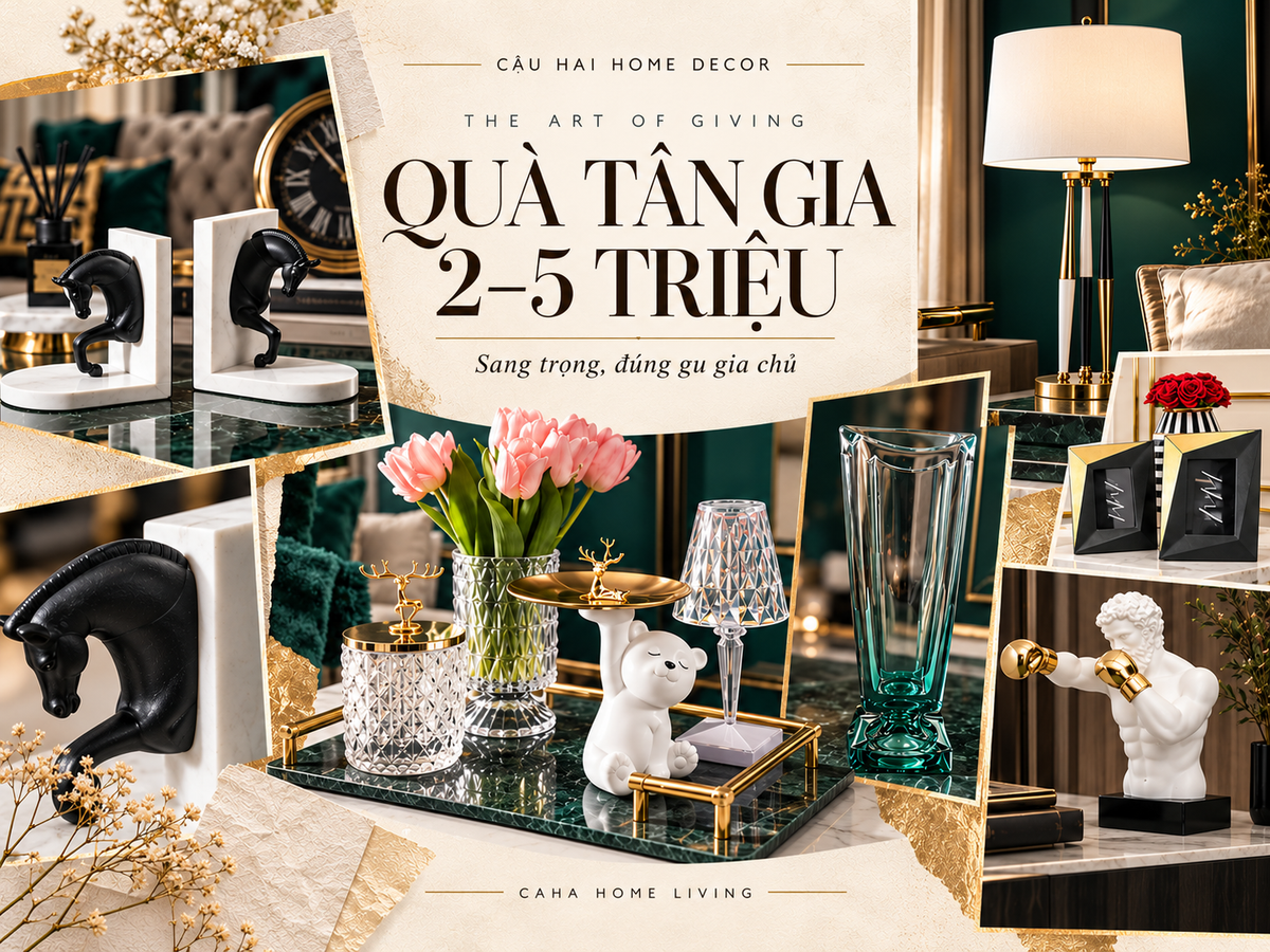 Moodboard quà tân gia 2–5 triệu với khay marble, chặn sách, khung ảnh và đèn bàn Cậu Hai Home Decor