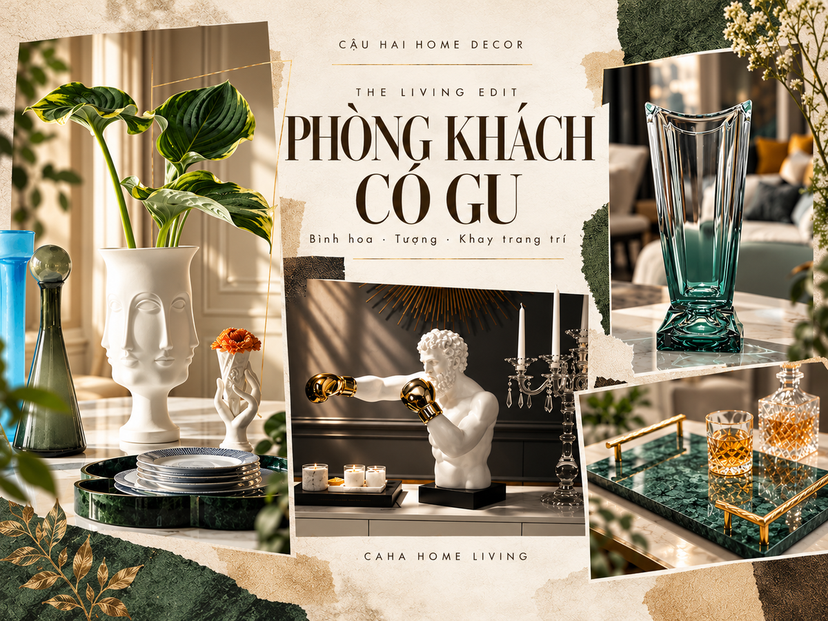 Moodboard phòng khách với bình Muse, bình Emerald, tượng Hercules và khay marble
