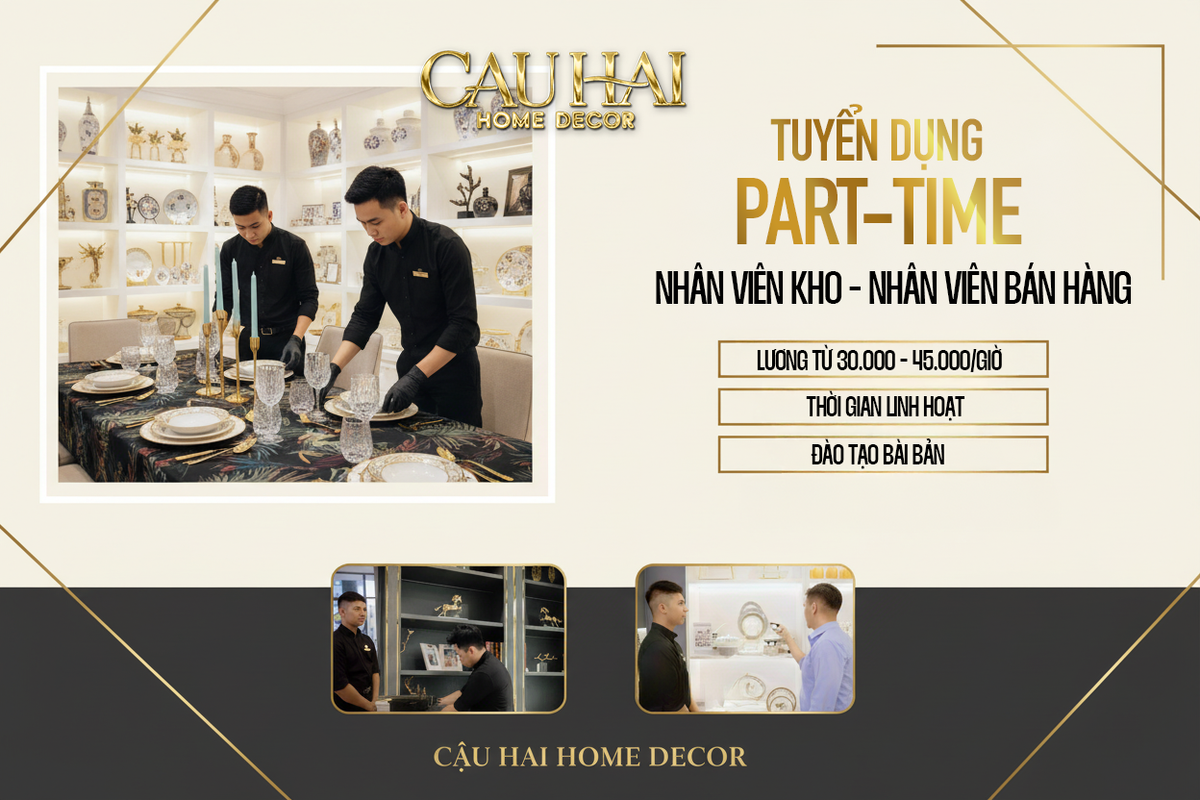 Hai nhân viên nam Cậu Hai Home Decor đang sắp xếp bàn ăn trong showroom sang trọng.