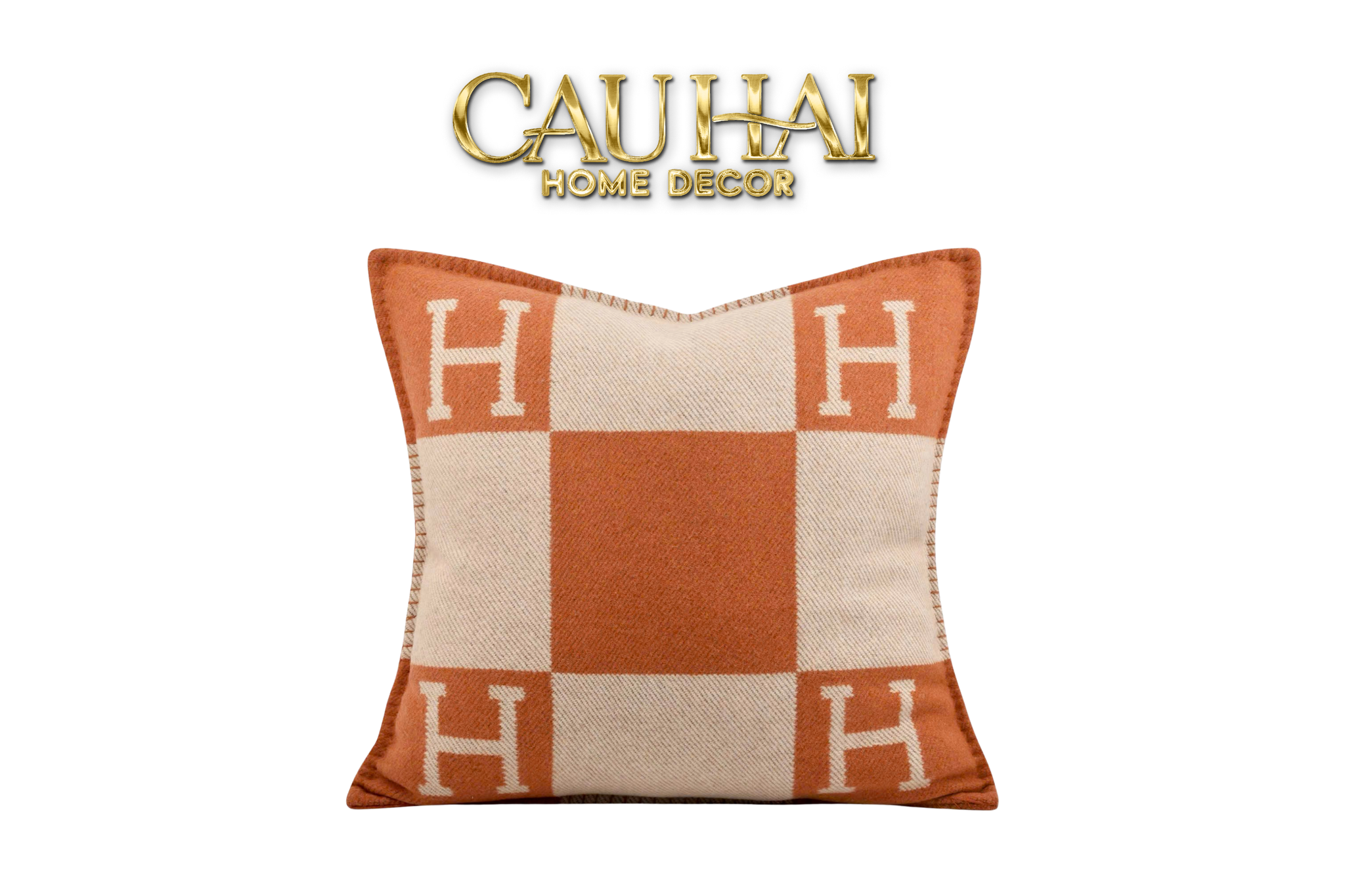 VỎ GỐI NHUNG SIGNATURE CARRÉ — MOTIF H CLASSIQUE 45 - TERRACOTTA - CẬU HAI HOME DECOR