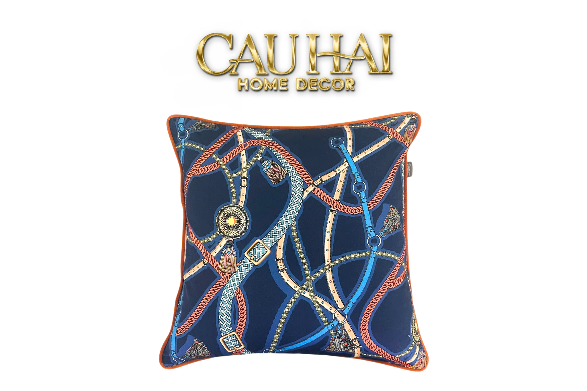 VỎ GỐI COTTON SATIN LES RÊNES ÉQUESTRES - BLEU INDIGO 45 - CẬU HAI HOME DECOR