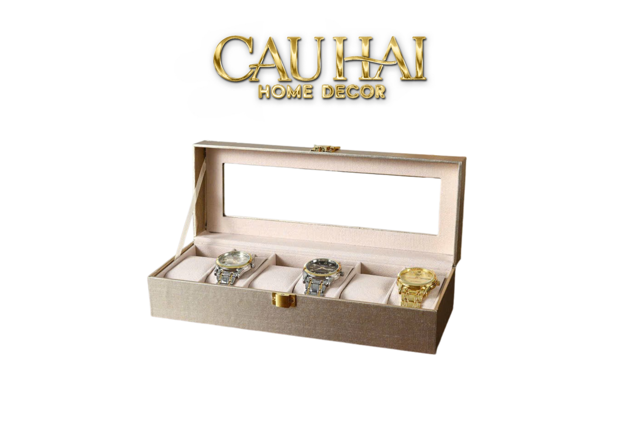 HỘP ĐỒNG HỒ DA GLAZE CHAMPAGNE 6 SLOTS - CẬU HAI HOME DECOR