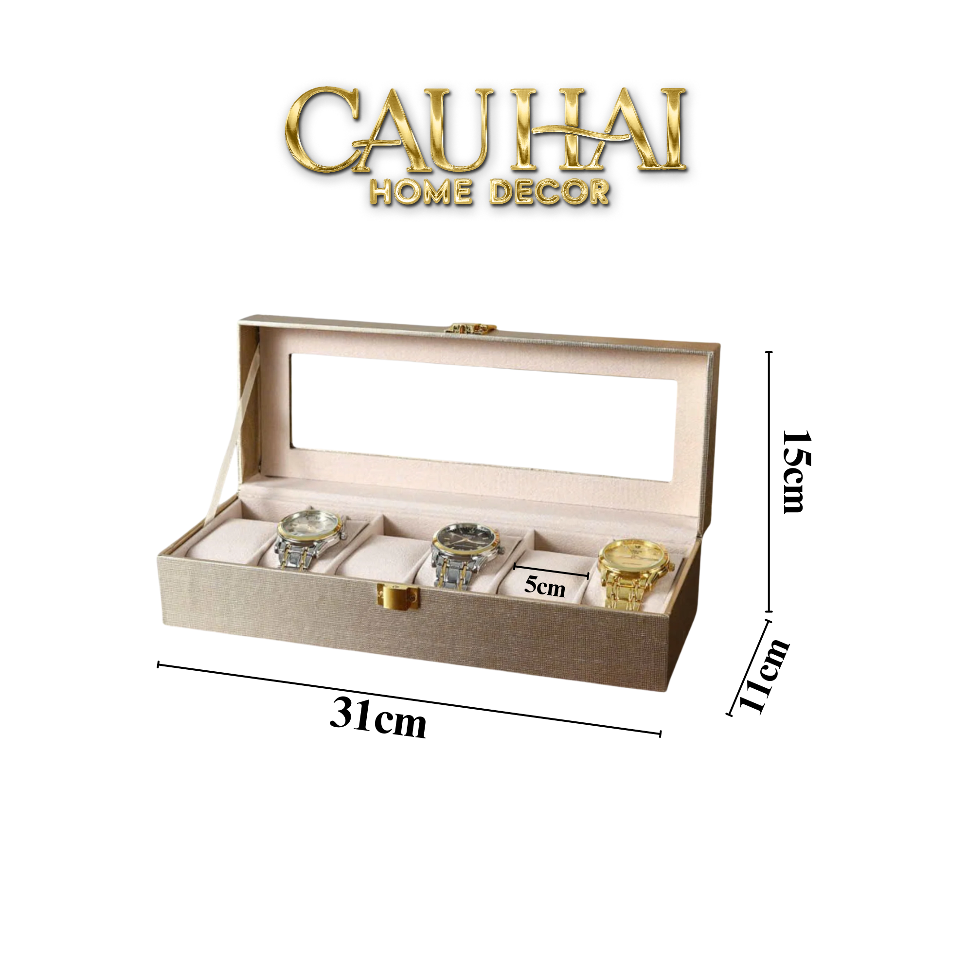 HỘP ĐỒNG HỒ DA GLAZE CHAMPAGNE 6 SLOTS - CẬU HAI HOME DECOR