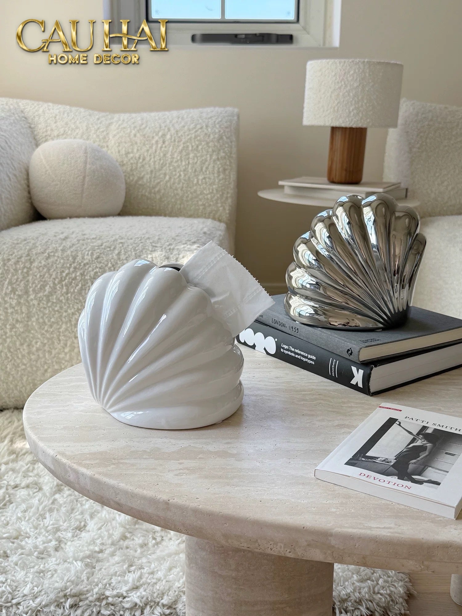 HỘP KHĂN GIẤY CERAMIC SNOW NORDIC SHELL BOX - CẬU HAI HOME DECOR