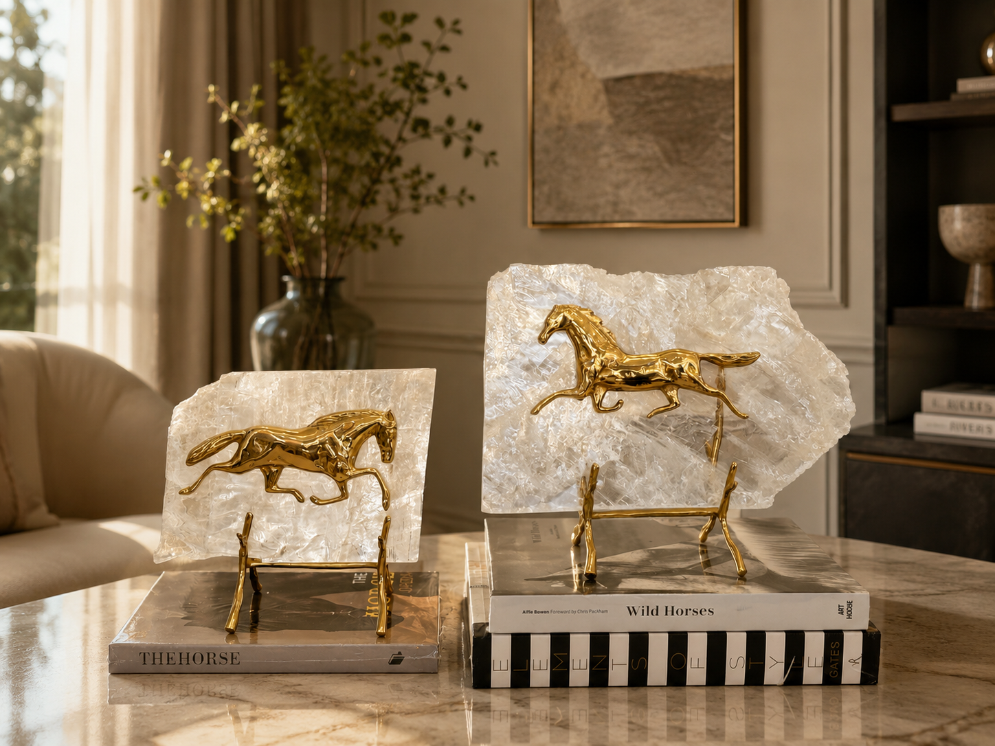 Maison Couture -  Set 2 Tượng Ngựa Đồng Đá Thạch Anh Équestre  Gilded Hidden Stallion Grande Quartz