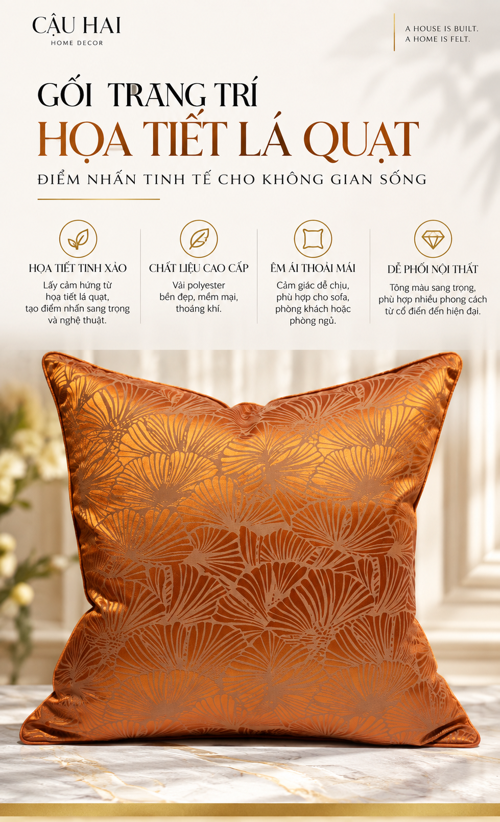 Vỏ Gối Jacquard Art Deco Ginkgo Copper 45x45-Vỏ Gối Trang Trí-Cậu Hai Home Decor-CẬU HAI HOME DECOR