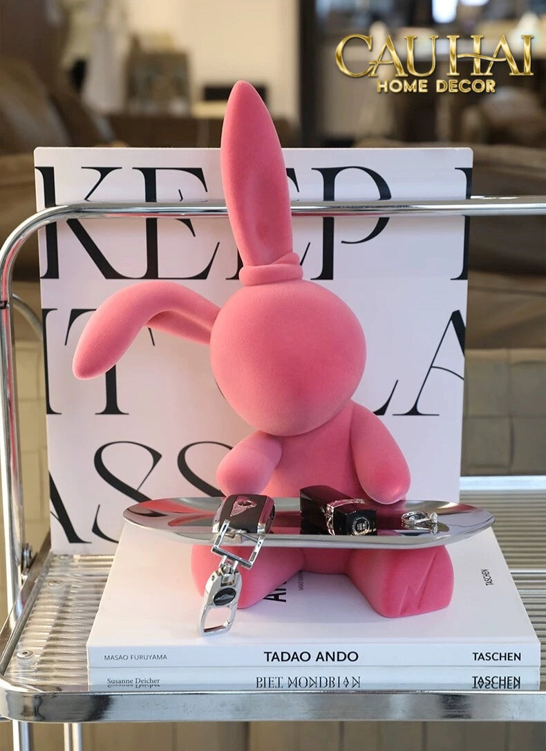 FÊTES COUTURE - TƯỢNG THỎ NHUNG - FIGURINE LAPIN PINK VELOUR MAISON H30 - CẬU HAI HOME DECOR