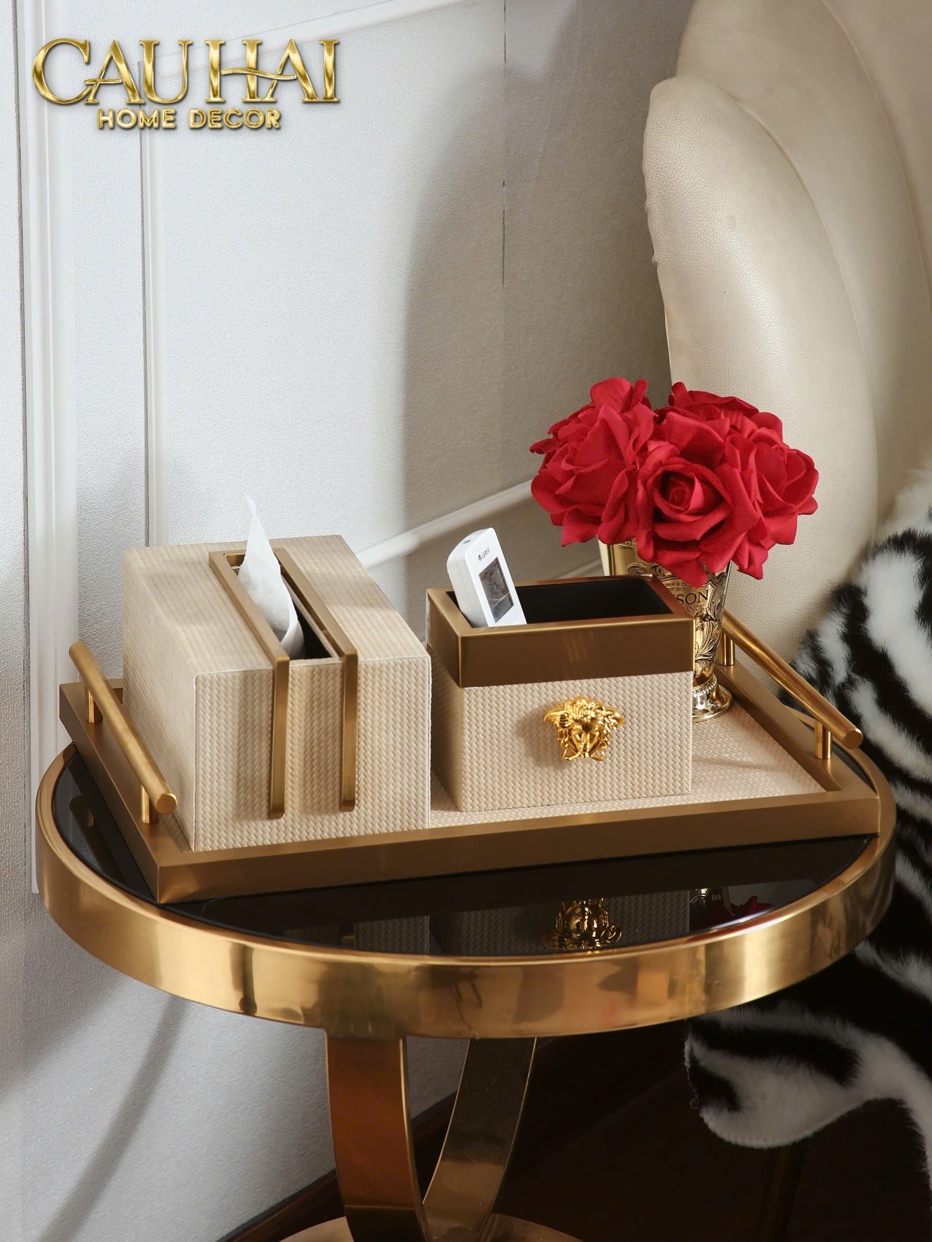 HOME COUTURE - SET KHAY HỘP GIẤY LATTE BIRKIN PREMIUM + LEATHER TRAY 3PCS - CẬU HAI HOME DECOR