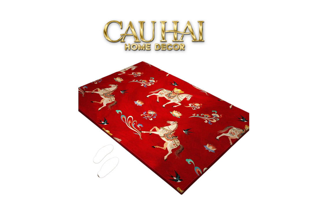 Thảm Cửa Nhung Bỉ 80x100 -  Chu Mã  Tứ Hỷ - Crimson Rouge Chevaux Royaux