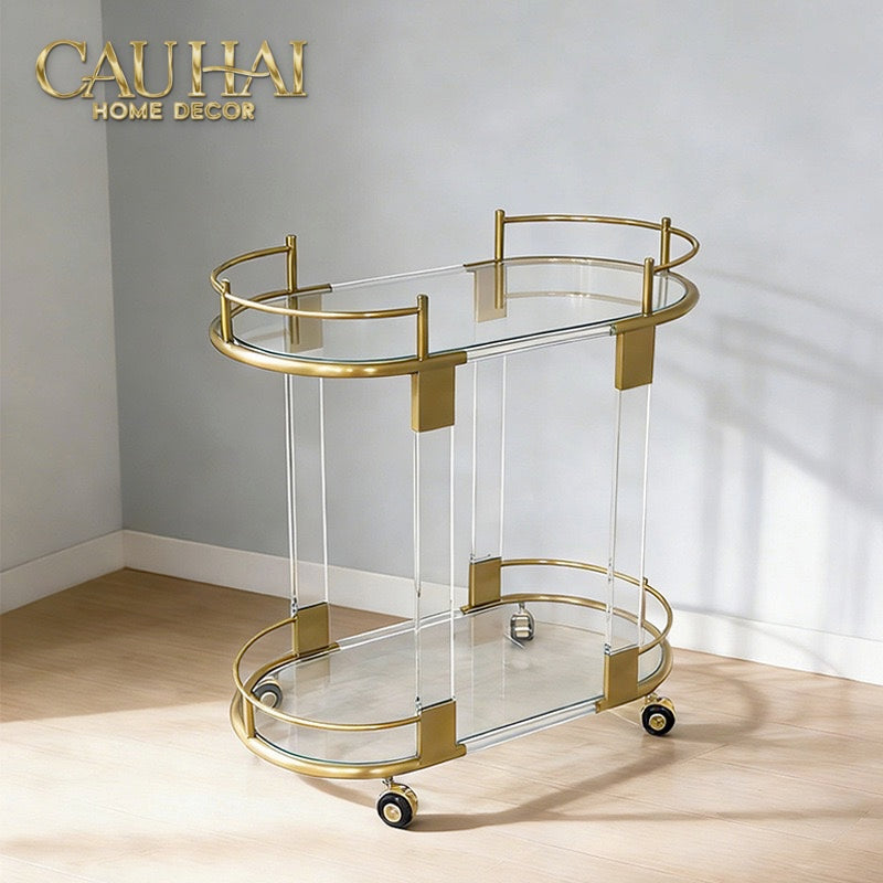 Maison Couture - Xe Đẩy Quầy Bar/ Bar Cart Oval 2 Tầng Kính Acrylic L’Arc Doré