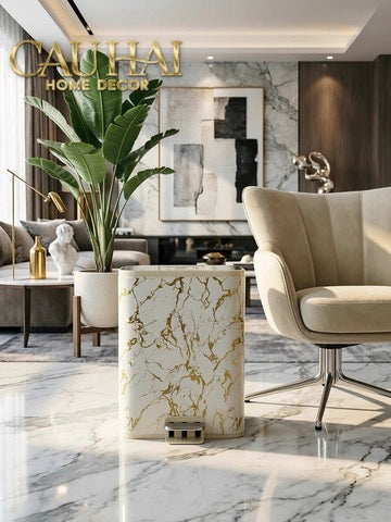 Thùng Rác Bọc Da Đạp Chân Thép Marble Silencieux Ivory 25L