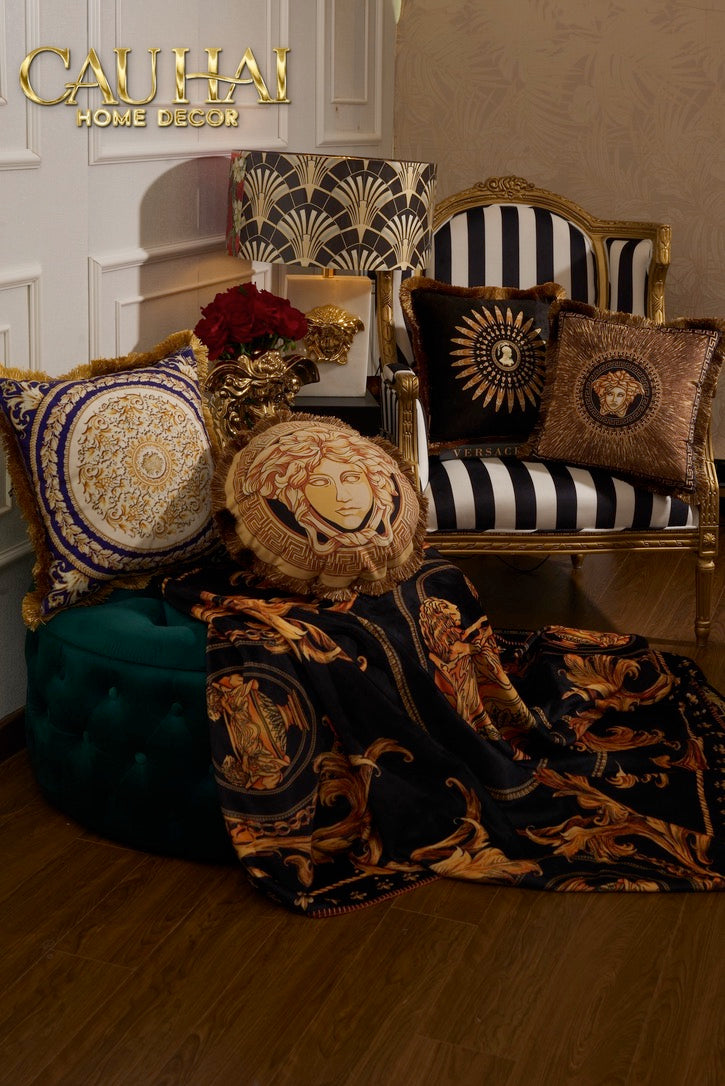 Chăn Nhung Cao Cấp Virtus Gala Black Barocco Frame - Luxury Velvet Blanket 150X200.
