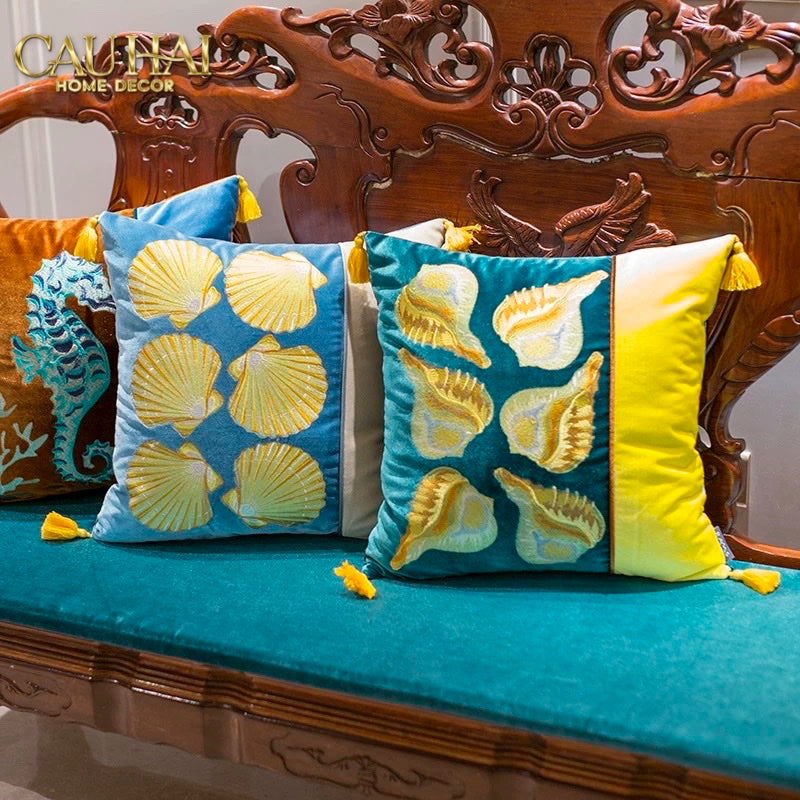VỎ GỐI SILK VELVET SCALLOP ARTISANAL RAISED EMBROIDERY 45 - CẬU HAI HOME DECOR