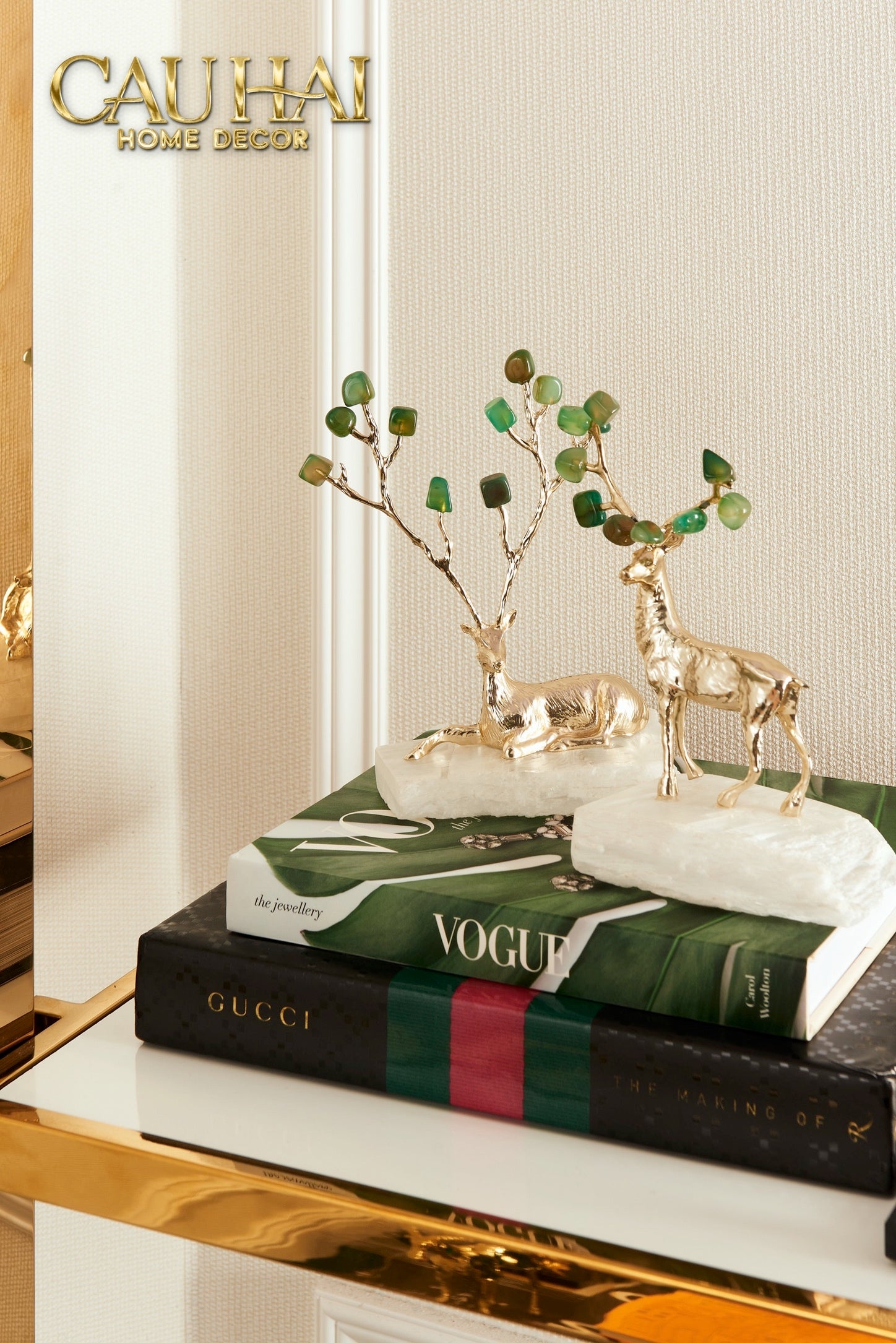 Maison Couture - Set 2 Tượng Hươu Đồng Đá Florite Green Đế Đá Quartz-  Jupiter Elks Duo Deity 15x21 14x20