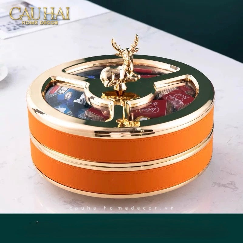 Tết Couture - Hộp Bánh Mứt 2 Tầng Hươu Bản Da Cam  Boîte Exquise - Sienna Leather 26x21