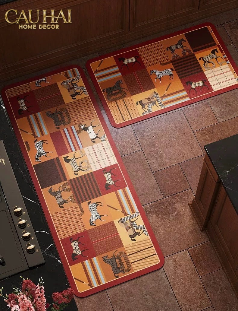 Set Thảm Bếp Microfiber 45x75/150 Patchwork Équestre Crimson Rouge