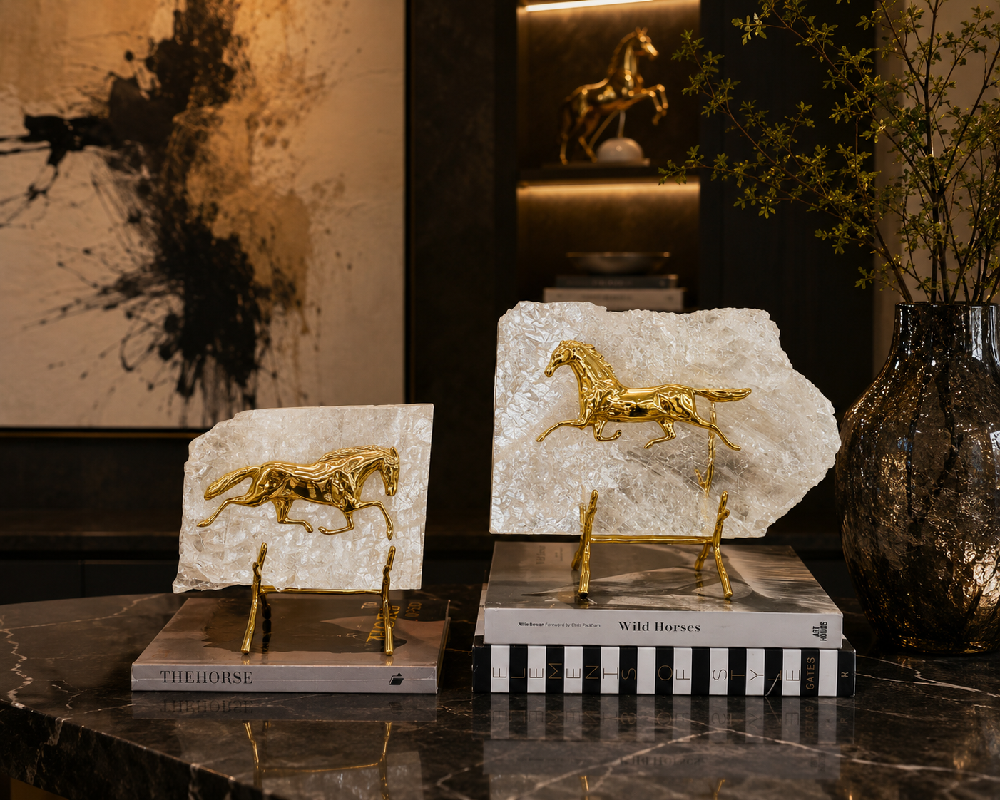 Maison Couture -  Set 2 Tượng Ngựa Đồng Đá Thạch Anh Équestre  Gilded Hidden Stallion Grande Quartz