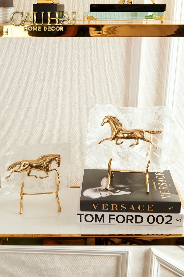 Maison Couture -  Set 2 Tượng Ngựa Đồng Đá Thạch Anh Équestre  Gilded Hidden Stallion Grande Quartz