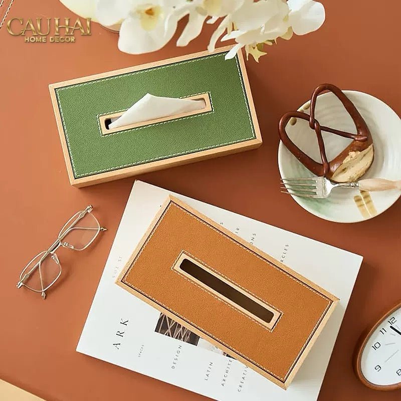 Hộp Khăn Giấy Gỗ Bọc Da Ethan Signature Atélier Luxe Leather - Vert Olive 13x25