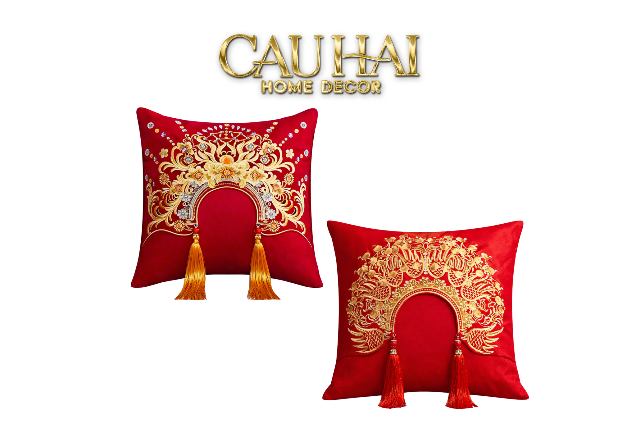 Tết Couture - Vỏ Gối Lụa Thêu - Impérial Phoenix Rouge Vermillon Empress 45