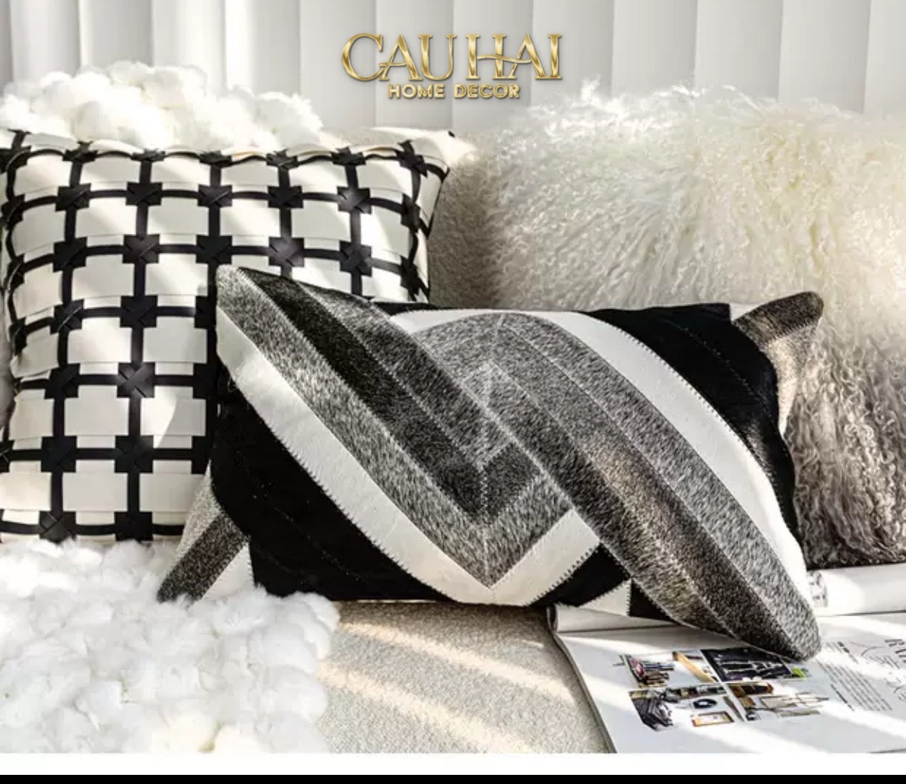 HOME COUTURE - VỎ GỐI DA LUX LEATHER CROSSLINE MONOCHROME 45 - CẬU HAI HOME DECOR