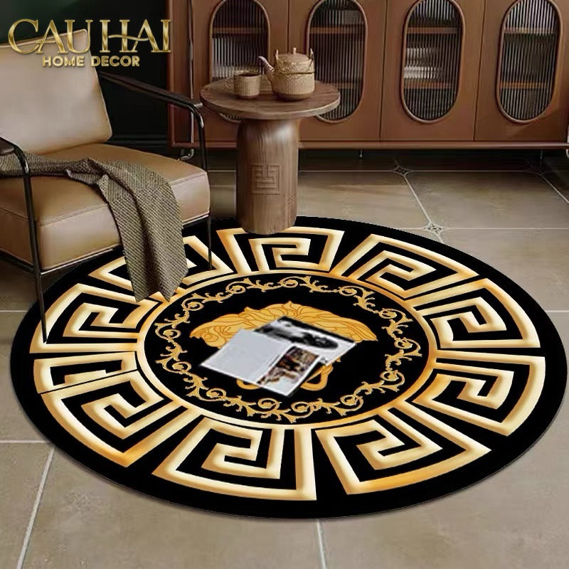 THẢM TRÒN D80 TRẢI SÀN NHUNG BỈ - ROUND CARPET GIANNI VERS. MEDUSA GREEK KEY - CẬU HAI HOME DECOR