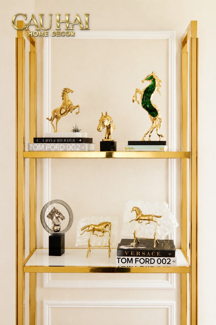 Maison Couture -  Set 2 Tượng Ngựa Đồng Đá Thạch Anh Équestre  Gilded Hidden Stallion Grande Quartz