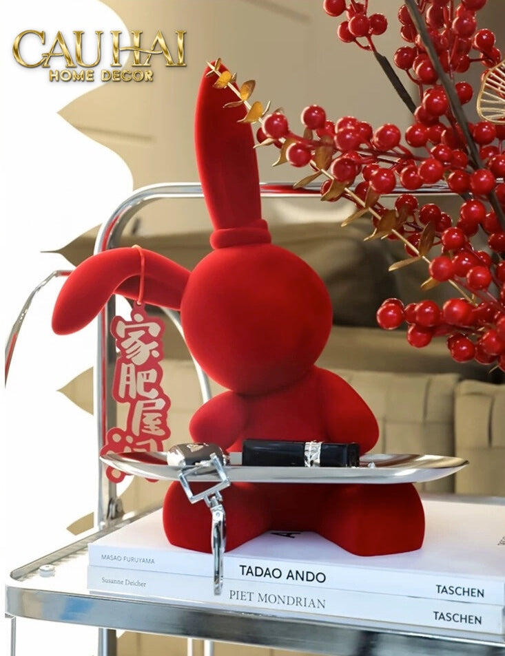 FÊTES COUTURE - TƯỢNG THỎ FIGURINE ROUGE VELOUR JOLI LAPIN H30 - CẬU HAI HOME DECOR