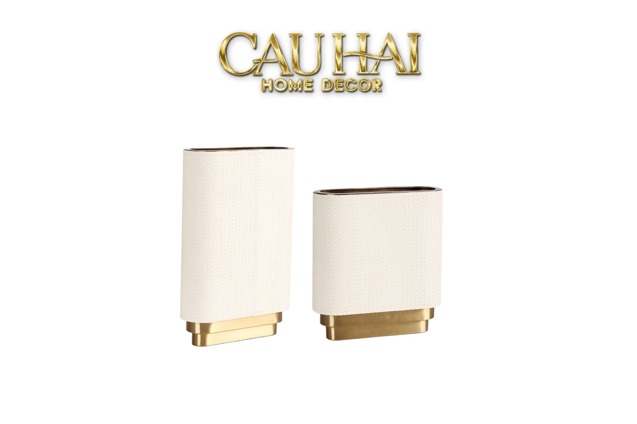 Set 2 Bình Hoa Bọc Da Cao Cấp - Leather Riviera Ivory Gilded Medusa