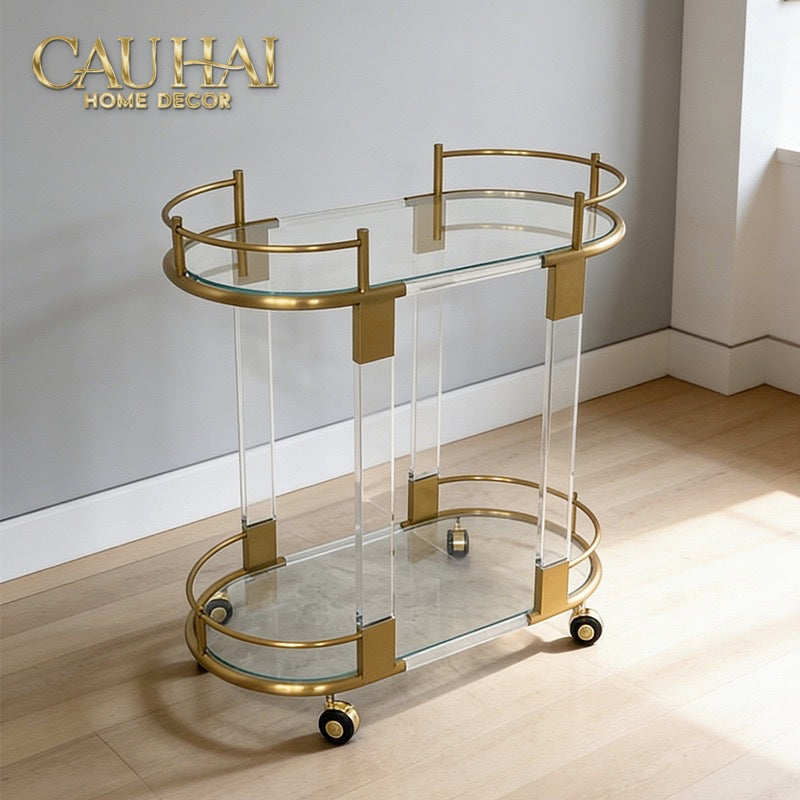 Maison Couture - Xe Đẩy Quầy Bar/ Bar Cart Oval 2 Tầng Kính Acrylic L’Arc Doré
