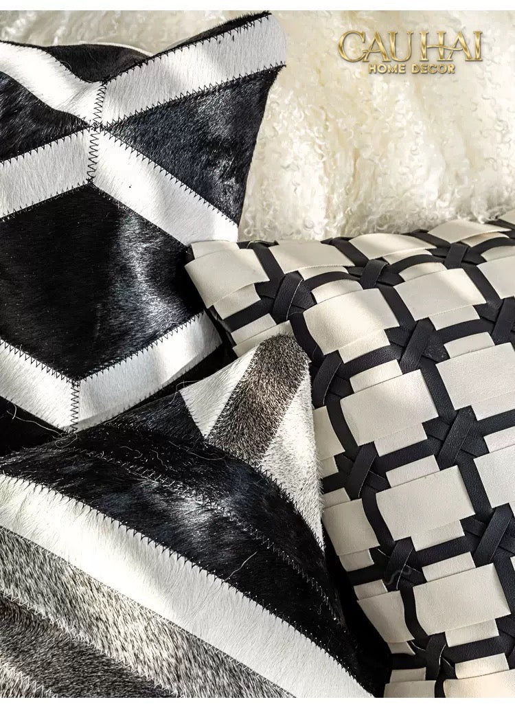 HOME COUTURE - VỎ GỐI DA LUX LEATHER CROSSLINE MONOCHROME 45 - CẬU HAI HOME DECOR