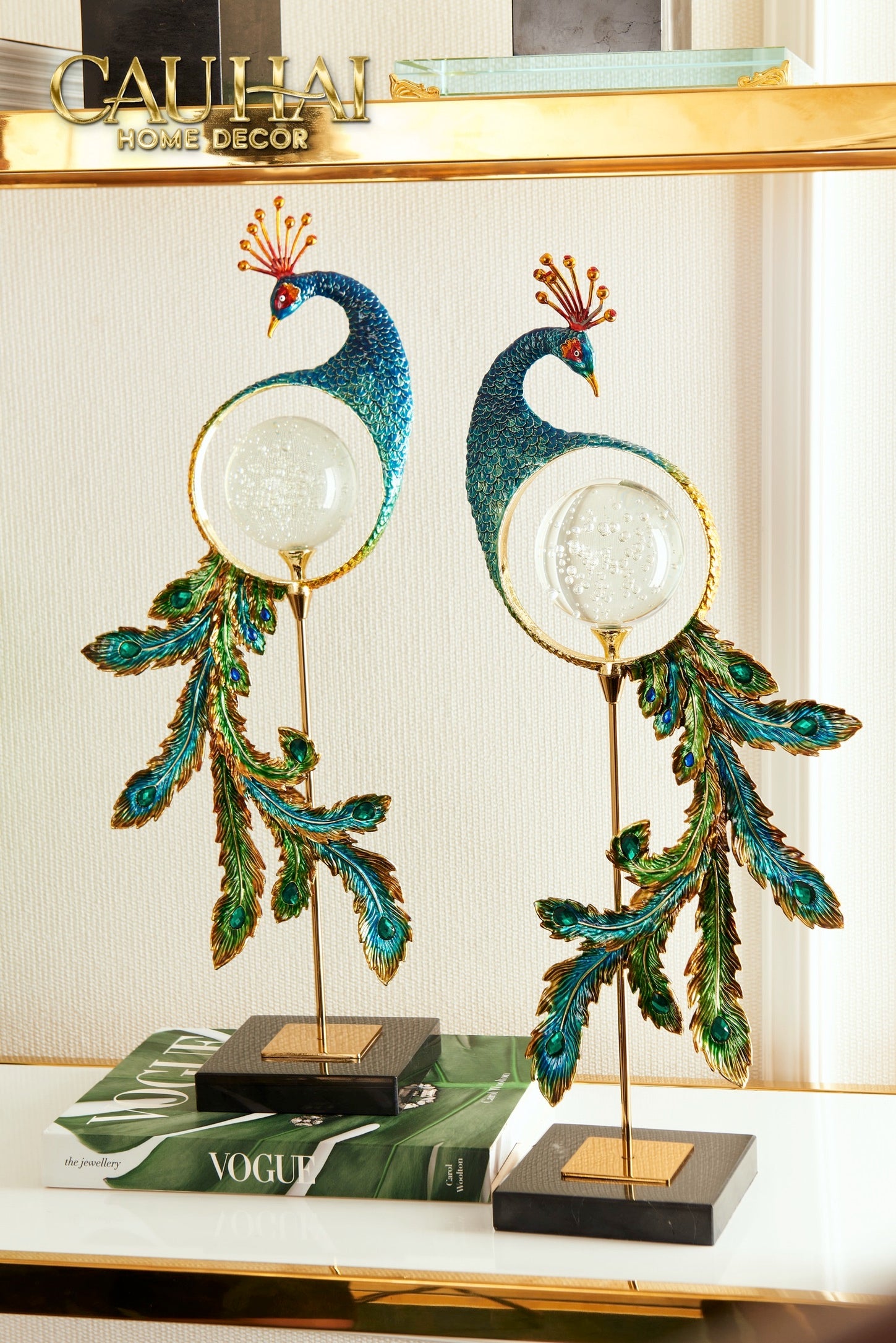 Maison Couture -  Tượng Đồng Khổng Tước Hoàng Gia Majestic Aurelia Paon – Brass & Cristalleries  Sculpture 20x10x54