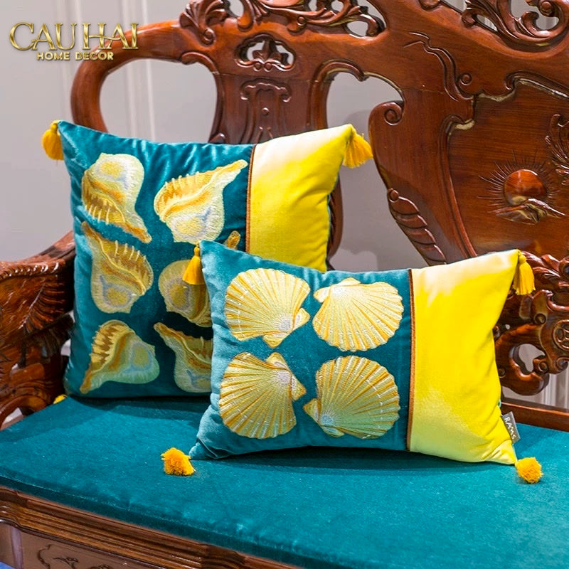 VỎ GỐI SILK VELVET SCALLOP ARTISANAL RAISED EMBROIDERY 45 - CẬU HAI HOME DECOR