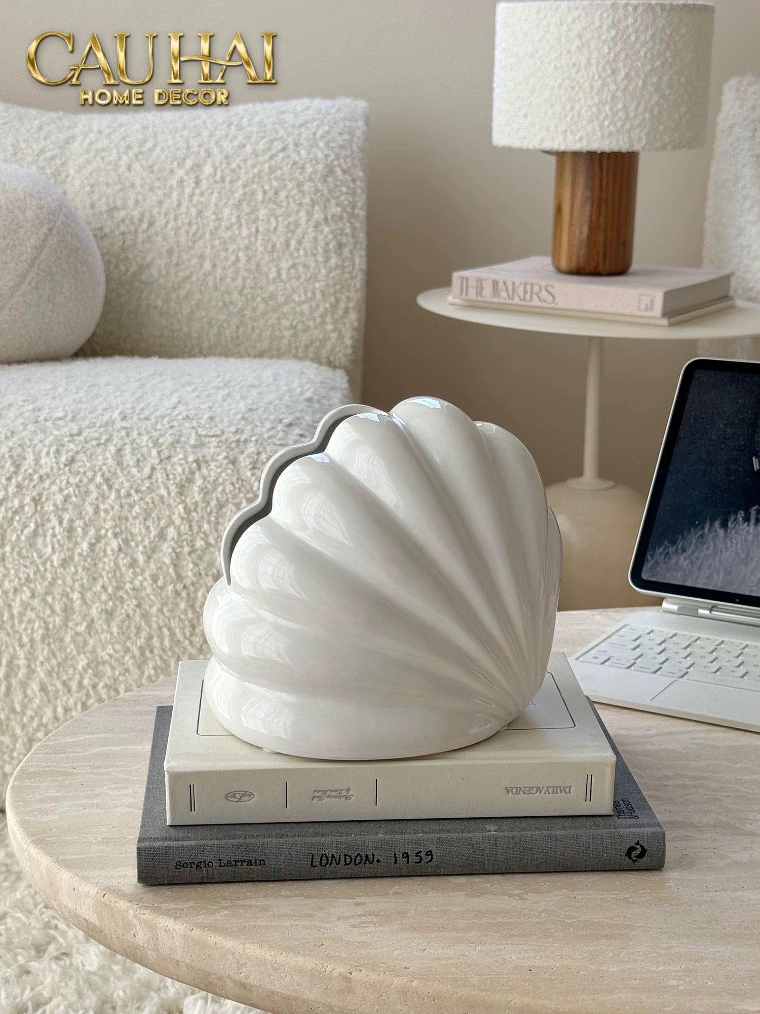 HỘP KHĂN GIẤY CERAMIC SNOW NORDIC SHELL BOX - CẬU HAI HOME DECOR