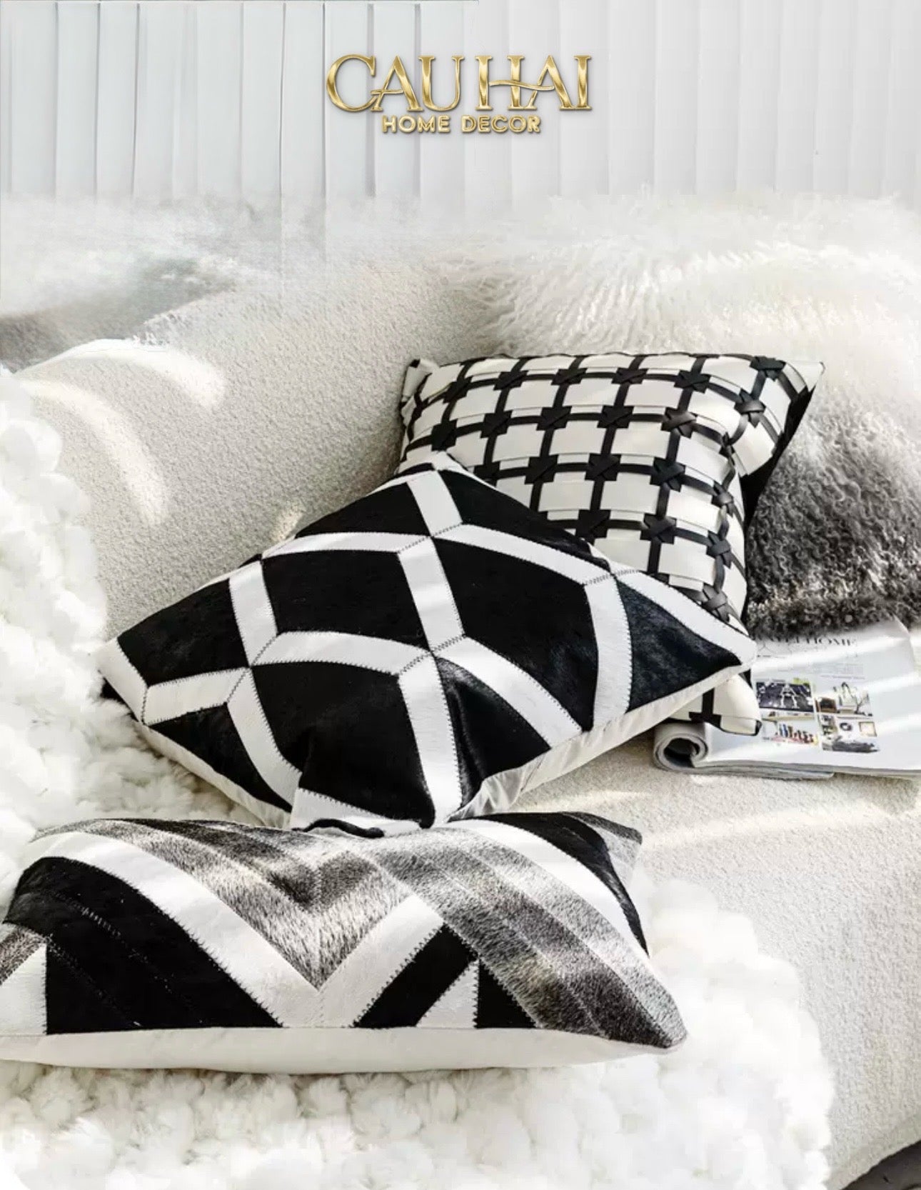 HOME COUTURE - VỎ GỐI DA LUX LEATHER CROSSLINE MONOCHROME 45 - CẬU HAI HOME DECOR