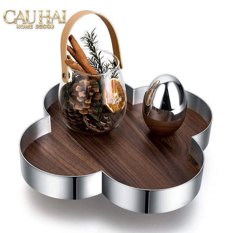 Khay Gỗ Viền Inox Louis Monogram Quatrefoil Heritage D27