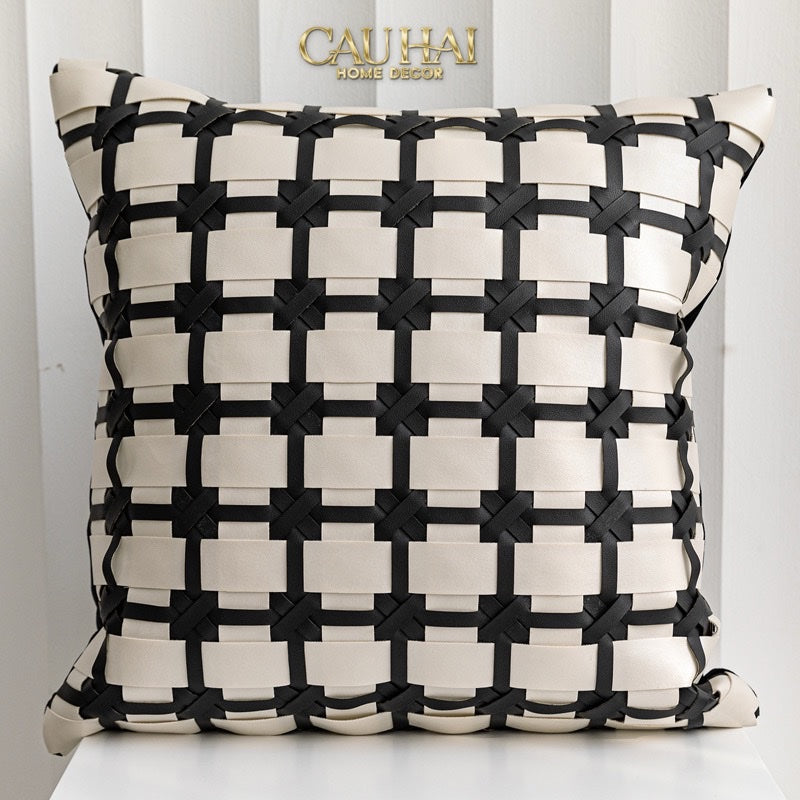 HOME COUTURE - VỎ GỐI DA LUX LEATHER CROSSLINE MONOCHROME 45 - CẬU HAI HOME DECOR