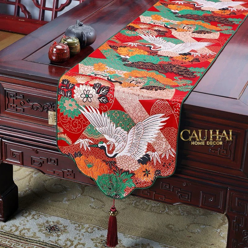 Tết Couture – Khăn Trải Bàn Gấm Hoa Tiên Hạc Table Runner 33x200