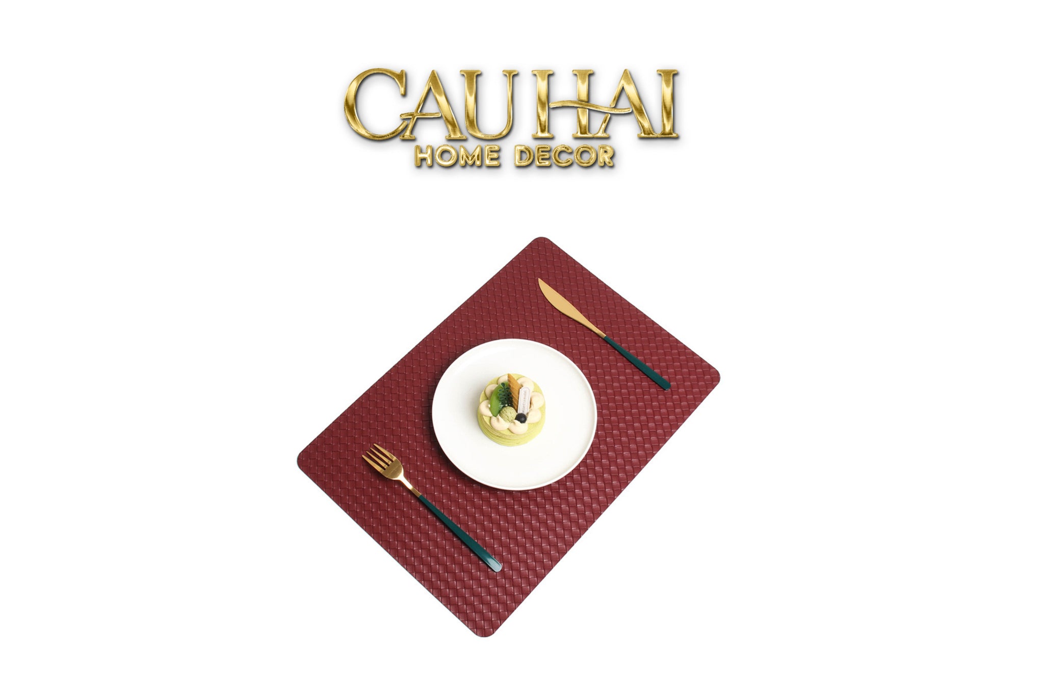 Tấm Lót Bàn Ăn Da Đan Bản Màu Cam -  Rouge Matte  Intrecciato Leather Placemat 30x43 - Đỏ Mận