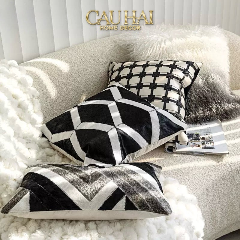 HOME COUTURE - VỎ GỐI DA LUX LEATHER CROSSLINE MONOCHROME 45 - CẬU HAI HOME DECOR