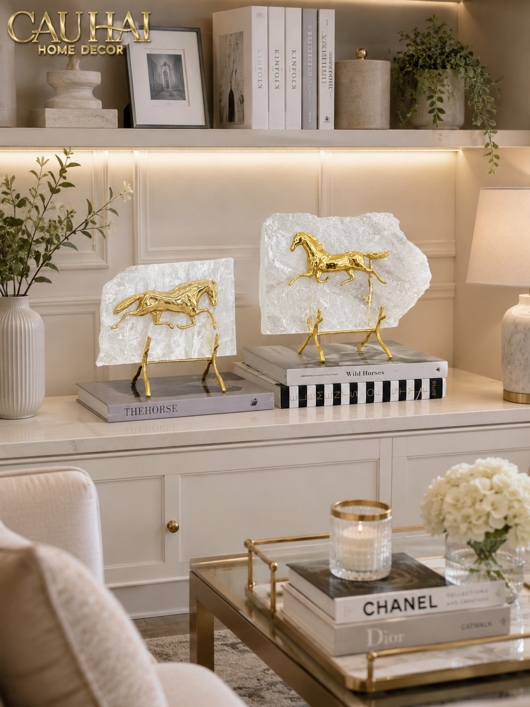 Maison Couture -  Set 2 Tượng Ngựa Đồng Đá Thạch Anh Équestre  Gilded Hidden Stallion Grande Quartz