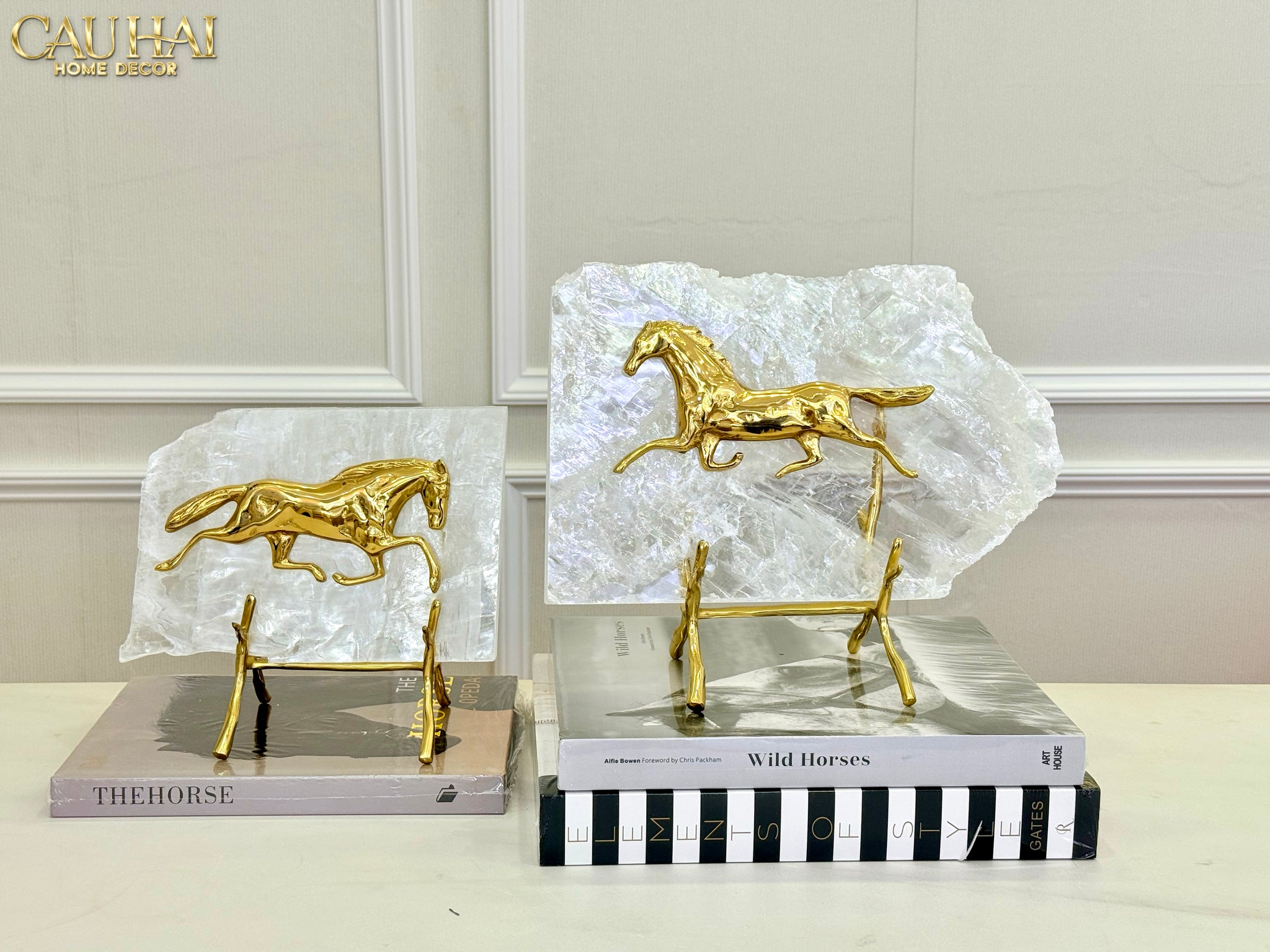 Maison Couture -  Set 2 Tượng Ngựa Đồng Đá Thạch Anh Équestre  Gilded Hidden Stallion Grande Quartz