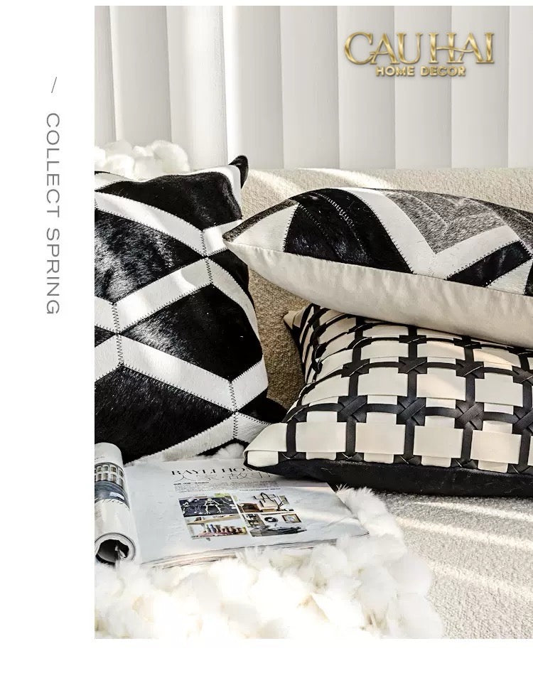 HOME COUTURE - VỎ GỐI DA LUX LEATHER CROSSLINE MONOCHROME 45 - CẬU HAI HOME DECOR