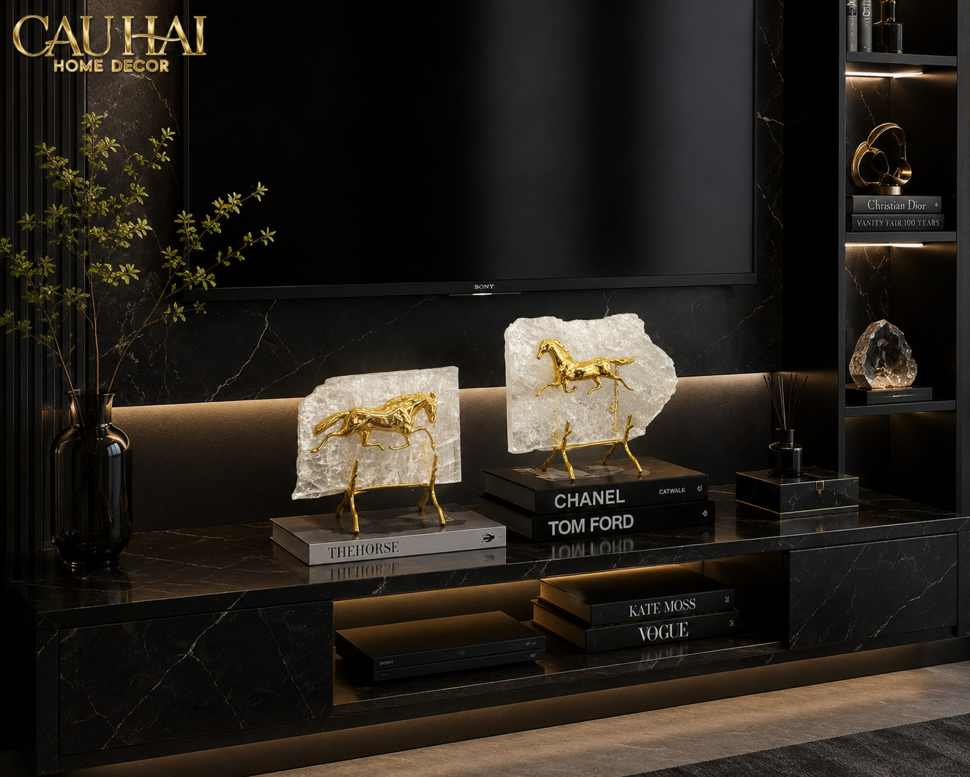 Maison Couture -  Set 2 Tượng Ngựa Đồng Đá Thạch Anh Équestre  Gilded Hidden Stallion Grande Quartz