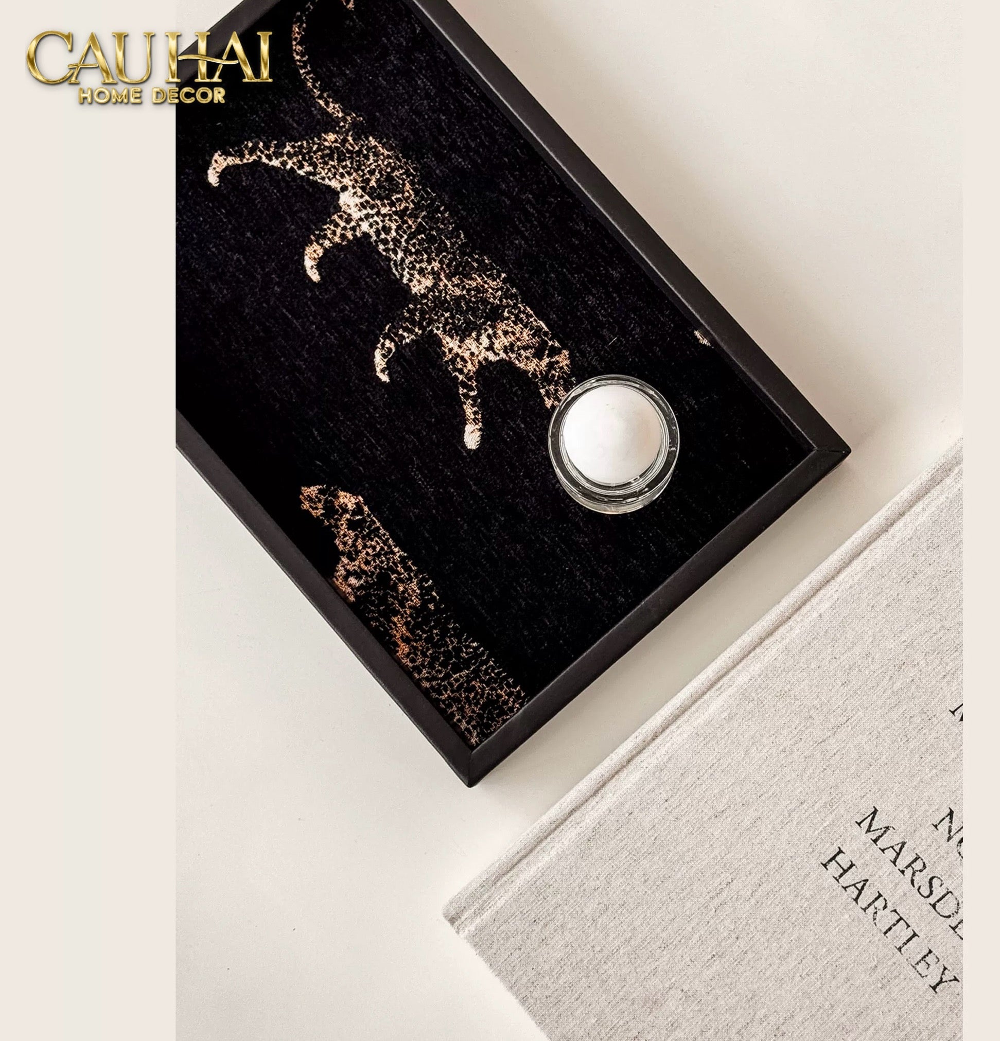 KHAY GỖ TWEED LUX LEATHER NOCTURNAL PANTHER 30X40 - CẬU HAI HOME DECOR