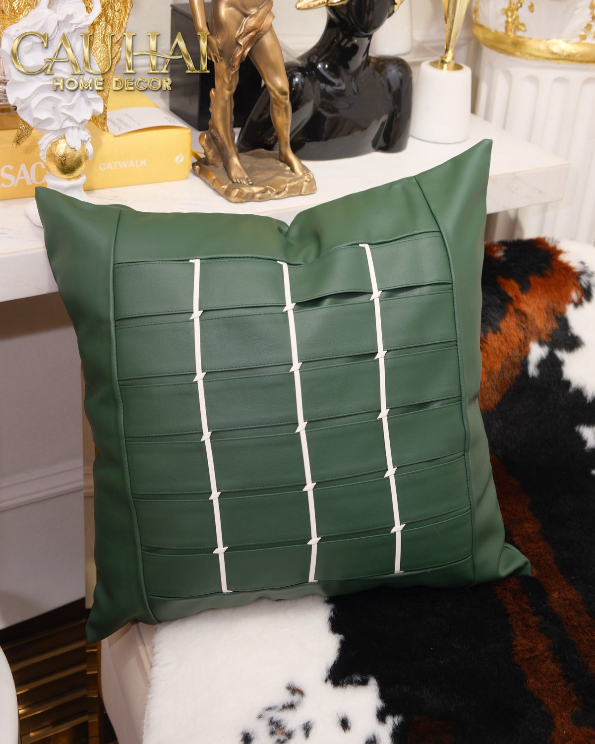 Vỏ Gối Leather Grid Équestre Forest 45x45-Vỏ Gối Trang Trí-CẬU HAI HOME DECOR-CẬU HAI HOME DECOR