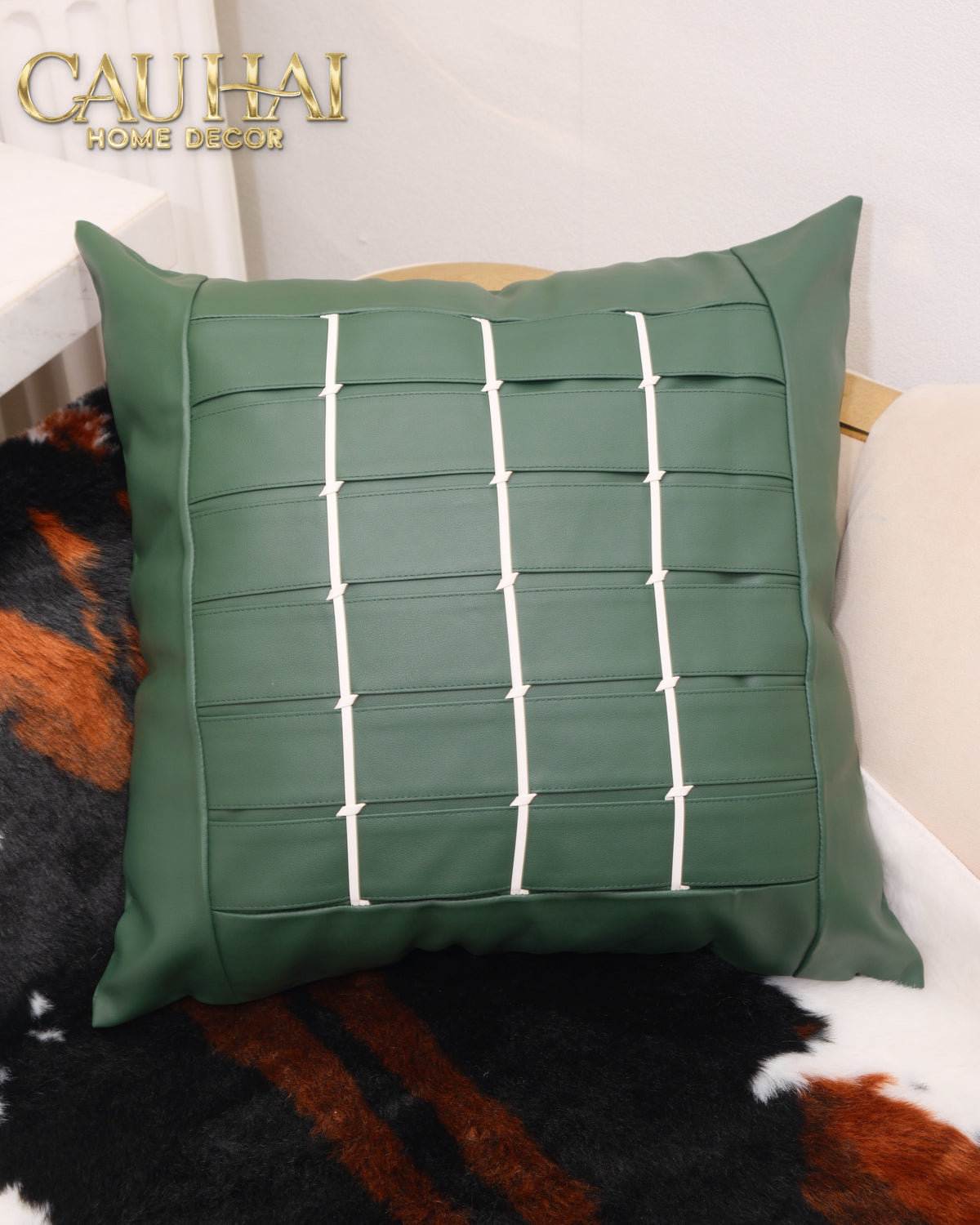 Vỏ Gối Leather Grid Équestre Forest 45x45-Vỏ Gối Trang Trí-CẬU HAI HOME DECOR-CẬU HAI HOME DECOR