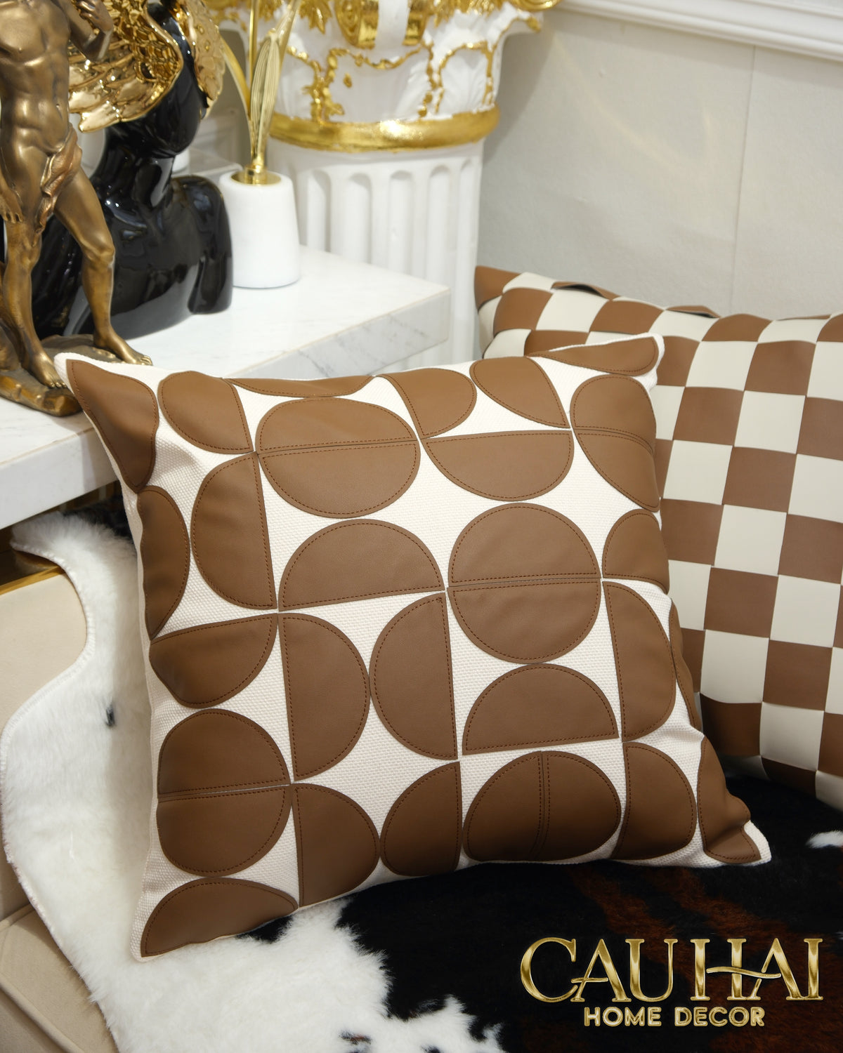 Vỏ Gối Géométrique Cognac Ivory 45x45-Vỏ Gối Trang Trí-CẬU HAI HOME DECOR-CẬU HAI HOME DECOR